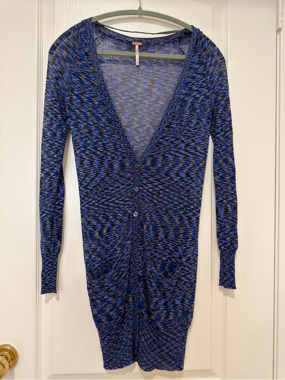 Free People Blue Space Dye Long Cardigan XS V Neck Sheer Button Stretchy